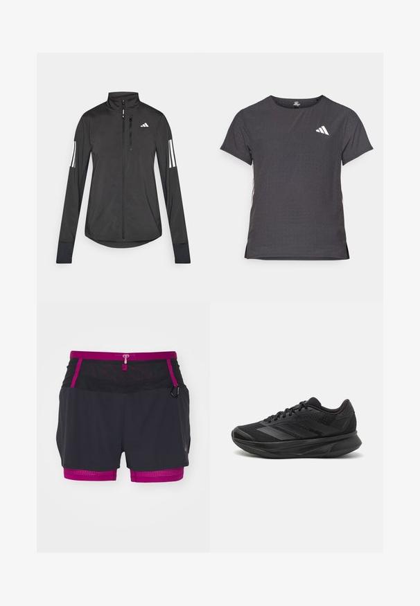 Black athletic jacket made of lightweight material. Features a front zipper, high collar, and three white stripes on each sleeve.; Short-sleeve athletic t-shirt, dark gray with perforated texture. Features a white logo and contrasting side stripes. Rounded neckline.; Black athletic shorts with a pink waistband and inner lining. Mesh details on the sides, featuring a drawstring and a small loop for accessories.; Black running shoe with a breathable mesh upper, rounded toe, sleek design, textured accents, and a cushioned sole for comfort.