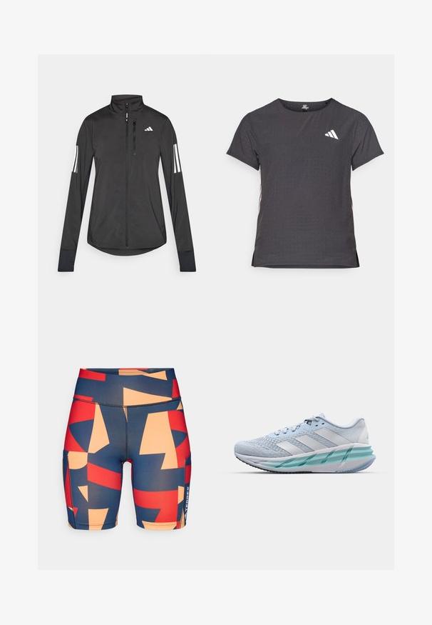 Czarna sportowa kurtka wykonana z lekkiego materiału. Posiada zamek błyskawiczny z przodu, wysoki kołnierz oraz trzy białe paski na każdym rękawie.; Koszulka sportowa z krótkim rękawem, ciemnoszara z perforowaną teksturą. Posiada białe logo oraz kontrastowe paski po bokach. Okrągły dekolt.; Kolorowe szorty w wzory z abstrakcyjnymi kształtami w odcieniach granatu, czerwieni i brzoskwini. Wykonane z elastycznego materiału o gładkiej fakturze.; Jasnoniebieskie buty sportowe z teksturowaną cholewką z dzianiny, białymi akcentami i przezroczystą zieloną podeszwą środkową. Okrągły czubek i wyściełany kołnierz.