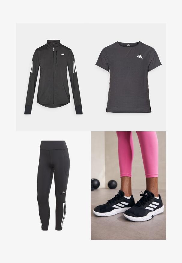 Zwarte sportjack gemaakt van lichtgewicht materiaal. Voorzien van een ritssluiting aan de voorkant, hoge kraag en drie witte strepen op elke mouw.; Korte mouwen sport t-shirt, donkergrijs met geperforeerde textuur. Bevat een wit logo en contrasterende zijstrepen. Ronde halslijn.; adidas Performance DAILYRUN 3S 7/8 - Tights - black; Zwarte sportschoenen met witte strepen, structuur-mesh bovenwerk en een witte zool. Draagt bij roze leggings, die trainin gskleding laten zien.