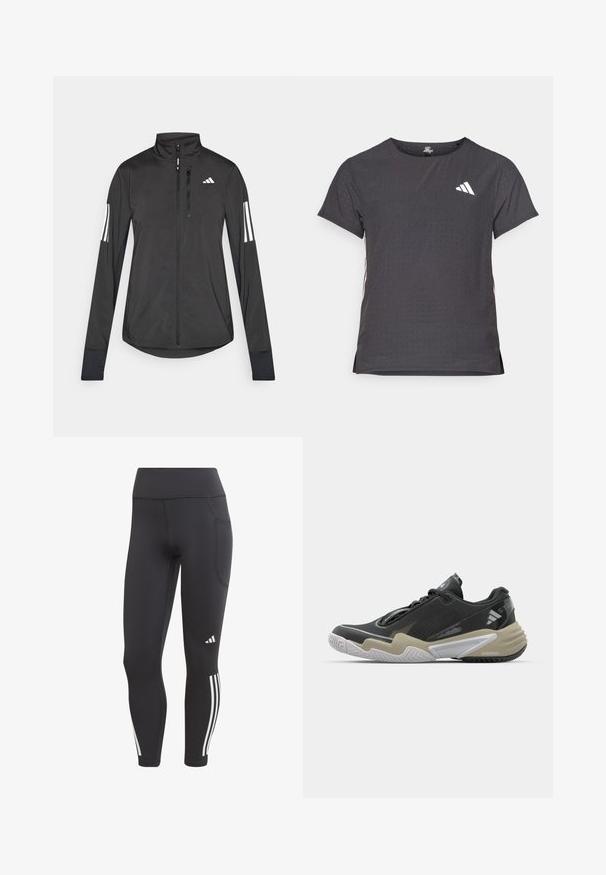 Black athletic jacket made of lightweight material. Features a front zipper, high collar, and three white stripes on each sleeve.; Short-sleeve athletic t-shirt, dark gray with perforated texture. Features a white logo and contrasting side stripes. Rounded neckline.; adidas Performance DAILYRUN 3S 7/8 - Leggings - black; Black and beige athletic shoe with textured upper, prominent sole design, reflective accents, and lacing system. Lightweight construction.