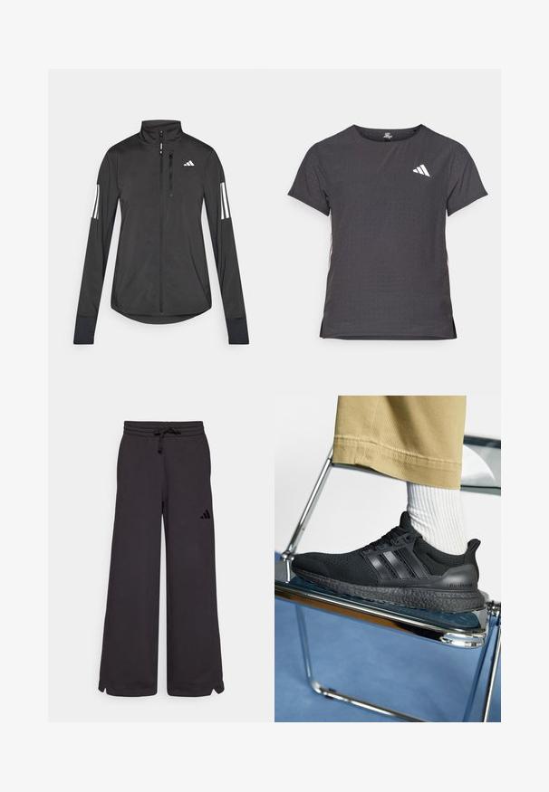 Μαύρο αθλητικό μπουφάν από ελαφρύ υλικό. Διαθέτει μπροστινό φερμουάρ, υψηλό γιακά και τρεις λευκές ρίγες σε κάθε μανίκι.; Αθλητικό μπλουζάκι κοντό μανίκι, σκούρο γκρί με διάτρητη υφή. Διαθέτει λευκό λογότυπο και αντίθετες ρίγες στο πλάι. Στρογγυλή λαιμόκοψη.; Μαύρο φούτερ παντελόνι με άνετη εφαρμογή, ελαστική ζώνη στη μέση, κορδόνι και πλαϊνές σχισμές στο κάτω μέρος. Διαθέτει μαύρο λογότυπο στο αριστερό πόδι.; Μαύρα παπούτσια Adidas Ultra Boost διαθέτουν επάνω μέρος από δίχτυ, τρεις ρίγες και μια υφή που προσφέρει άνεση στη σόλα, τοποθετημένα σε μία χρωμιωμένη καρέκλα.
