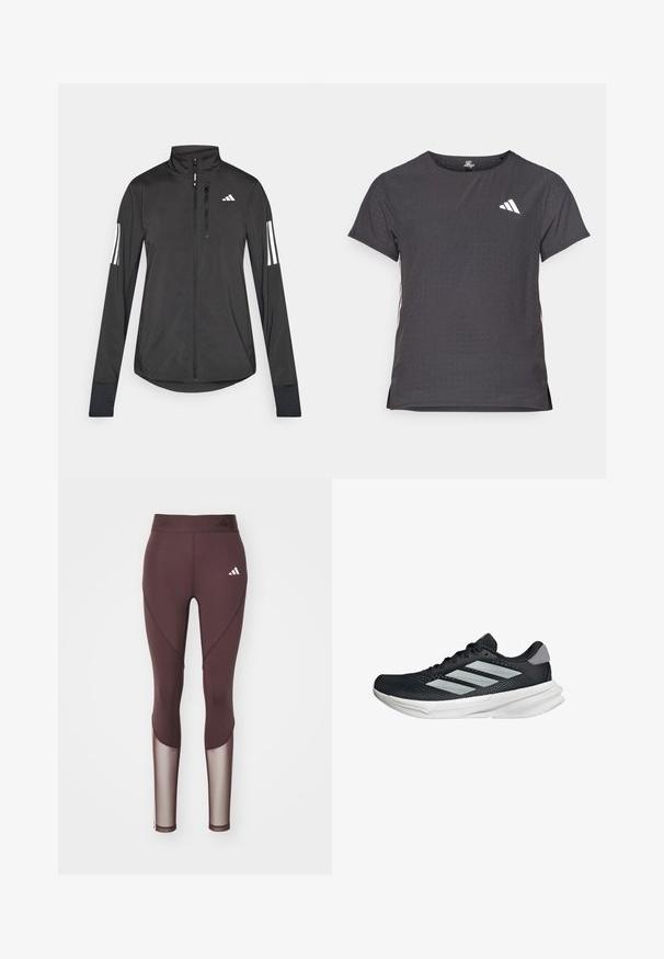 Sort atletisk jakke lavet af let materiale. Har en frontlynlås, høj krave og tre hvide striber på hver ærme.; Kortærmet atletisk t-shirt, mørkegrå med perforeret tekstur. Har et hvidt logo og kontrastfarvede sidelister. Rundet halsudskæring.; Bordeaux atletiske leggings med mesh-paneler, tætsiddende design og elastisk talje. Har hvidt logo på venstre lår og sømdetaljer.; Sort løbesko med mesh-overdel, tre sølvstriber, hvid mellemsål og struktureret ydersål. Har polstret krave og snørelukning.