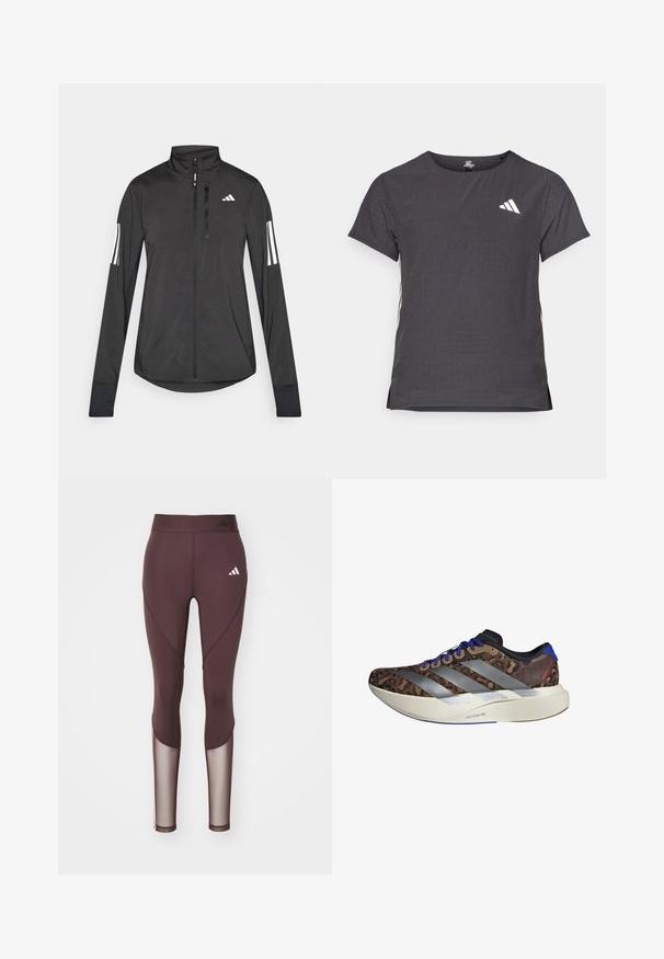 Svart treningsjakke laget av lett materiale. Har glidelås foran, høy krage og tre hvite striper på hver erme.; Kortermet treningstrøye, mørkegrå med perforert tekstur. Har en hvit logo og kontrasterende side-striper. Rund halslinje.; Bordeaux treningsleggings med mesh-paneler, tettsittende design og elastisk midjebånd. Har hvit logo på venstre lår og sømdetaljer.; Løpesko med et brunt leopardmønster på overdelen, sølvstriper, blå detaljer og en hvit mellomsåle merket "LIGHTSTRIKE PRO." Lett design.