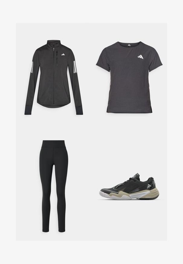 Veste de sport noire en matériau léger. Dotée d'une fermeture éclair sur le devant, d'un col haut et de trois rayures blanches sur chaque manche.; T-shirt de sport à manches courtes, gris foncé avec une texture perforée. Présente un logo blanc et des rayures latérales contrastantes. Encolure arrondie.; Leggings noirs en matière extensible avec une taille haute, possédant une texture lisse et sans motifs ni accents visibles.; Chaussure de sport noire et beige avec une tige texturée, un design de semelle proéminent, des accents réfléchissants et un système de laçage. Construction légère.