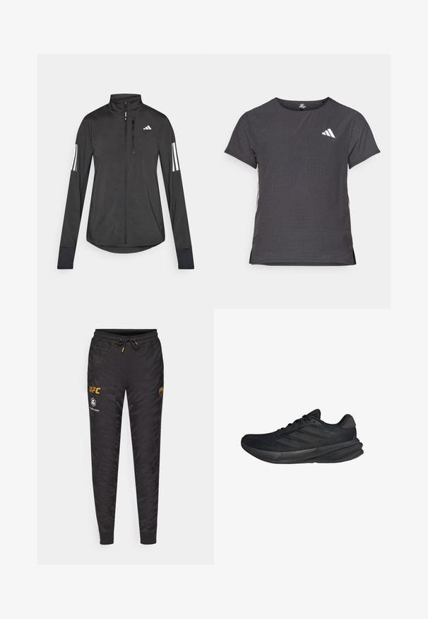 Black athletic jacket made of lightweight material. Features a front zipper, high collar, and three white stripes on each sleeve.; Short-sleeve athletic t-shirt, dark gray with perforated texture. Features a white logo and contrasting side stripes. Rounded neckline.; Black sweatpants with a camo pattern, featuring a drawstring waistband, ribbed cuffs, and printed UFC logos in gold and white.; Black athletic shoes with a mesh upper, streamlined shape, flat sole, and three diagonal stripes on the side. Lightweight design for comfort.