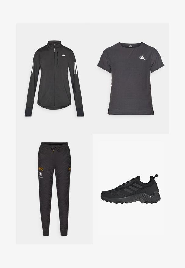 Black athletic jacket made of lightweight material. Features a front zipper, high collar, and three white stripes on each sleeve.; Short-sleeve athletic t-shirt, dark gray with perforated texture. Features a white logo and contrasting side stripes. Rounded neckline.; Black sweatpants with a camo pattern, featuring a drawstring waistband, ribbed cuffs, and printed UFC logos in gold and white.; Black athletic shoe featuring a mesh upper, three-stripe design, molded heel, and rugged outsole with prominent traction lugs.