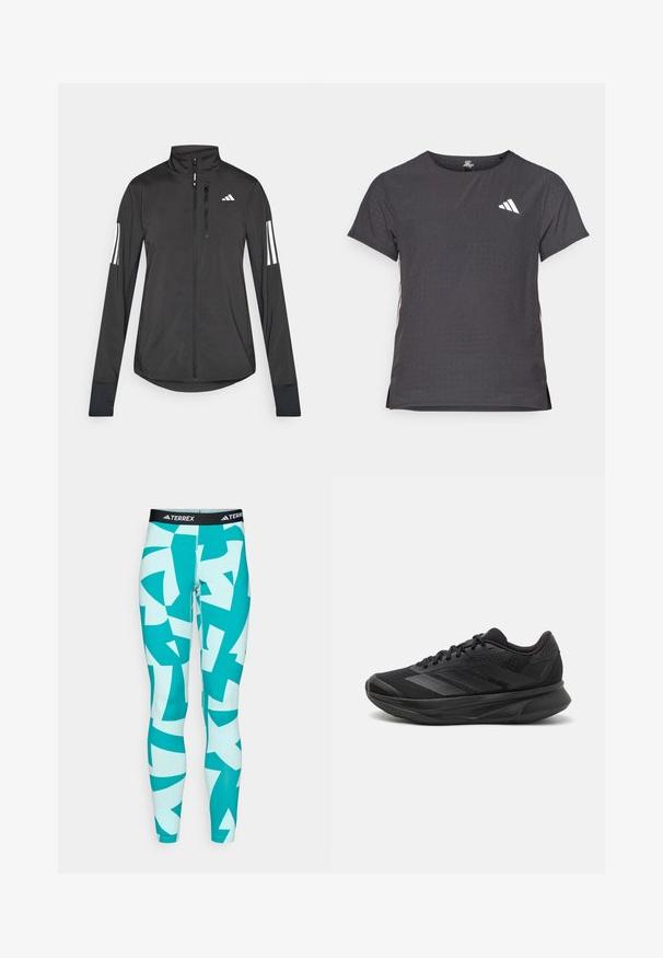 Juodas sportinis švarkas, pagamintas iš lengvos medžiagos. Yra priekinis užtrauktukas, aukšta apykaklė ir trys baltos juostos kiekviename rankovėje.; Trumpas rankovėmis sportinis marškinėlis, tamsiai pilkas, su perforuota tekstūra. Yra baltas logotipas ir kontrastingos šoninės juostos. Iškirptė suapvalinta.; Turkio spalvos leginsai su abstrakčiomis baltomis ir žalsvai mėlynoms geometrinėmis figūromis. Pagaminti iš tamprus medžiagos, su juodu TERREX logotipo juosmeniu.; Juodas bėgimo batelis su kvėpuojančiu tinkliniu viršumi, suapvalintu kojų pirštu, stilingu dizainu, tekstūruotais akcentais ir paminkštintu padu komfortui.
