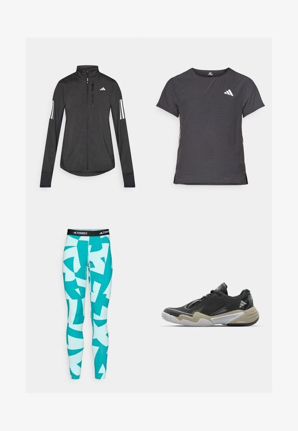 Must mustriga mustrin, millel on esiküljel lukuga, kõrge krae ja igal varrukal kolm valget triipu.; Lühikese varrukaga sportlik T-särk, tumehall, perforatsiooni tekstuuriga. Omab valget logo ja kontrastset külgtriipu. Ümar kaelus.; Türkiissinised legginsid, millel on abstraktsed valged ja tealiksinised geomeetrilised mustrid. Valmistatud venivast materjalist, musta TERREX logo vöökoha tõttu.; Mustard ja beež spordijalats tekstuurse pealisega, silmapaistva tallakujundusega, peegeldava detailiga ja paeltesüsteemiga. Kerge konstruktsioon.