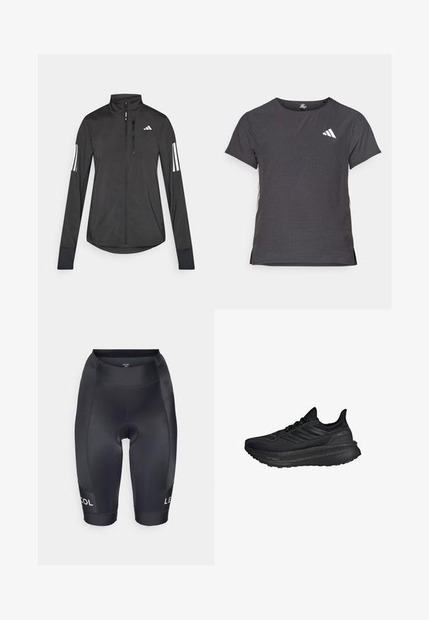 Svart treningsjakke laget av lett materiale. Har glidelås foran, høy krage og tre hvite striper på hver erme.; Kortermet treningstrøye, mørkegrå med perforert tekstur. Har en hvit logo og kontrasterende side-striper. Rund halslinje.; Sorte sykkelhorts laget av glatt, elastisk stoff. Har et polstret seteområde og en logo på venstre ben. Midt på låret lengde.; Svart treningSko med et strukturert mesh-overdel, tre-farget reflekterende striper og en tykk, polstret svart såle med påskriften "LIGHT BOOST."