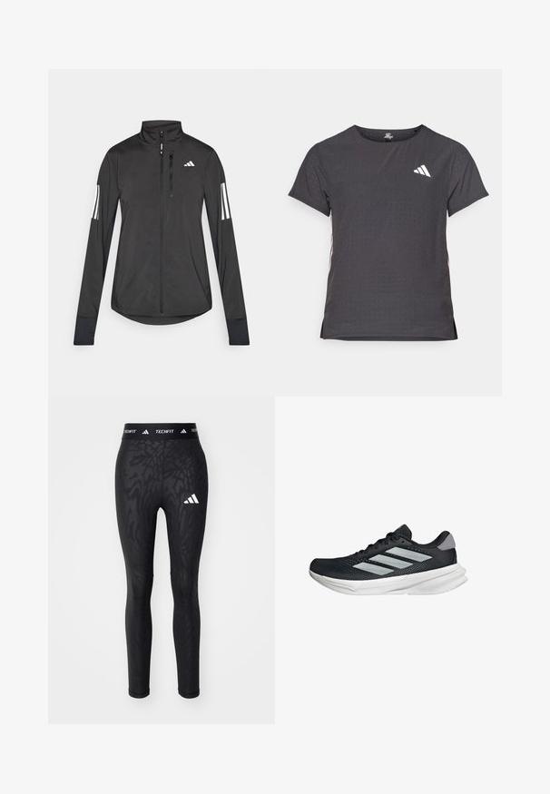 Giacchetto sportivo nero realizzato in materiale leggero. Presenta una chiusura frontale con zip, colletto alto e tre strisce bianche su ciascun manica.; T-shirt atletico a maniche corte, grigio scuro con texture perforata. Presenta un logo bianco e strisce laterali a contrasto. Girocollo.; Leggings neri con un motivo testurizzato, caratterizzati da un logo Adidas bianco e da un elastico in vita TECHFIT. Realizzati in tessuto elasticizzato per maggiore comfort.; Scarpa da corsa nera con tomaia in mesh, tre strisce argentate, intersuola bianca e suola testurizzata. Presenta un colletto imbottito e chiusura con lacci.