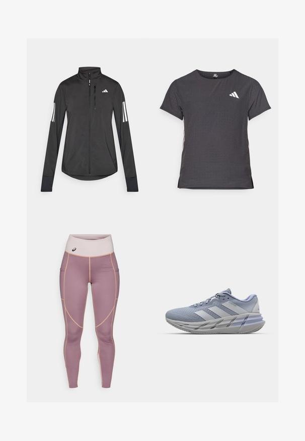 Svart treningsjakke laget av lett materiale. Har glidelås foran, høy krage og tre hvite striper på hver erme.; Kortermet treningstrøye, mørkegrå med perforert tekstur. Har en hvit logo og kontrasterende side-striper. Rund halslinje.; Tights laget av glatt, elastisk stoff i lys lilla med beige detaljer. Har høy midje og sidelommer.; Lyseblå joggesko med teksturert overdel, sølvdetaljer og en tykk grå såle med et lagdelt design. Snøringer og polstret ankelkrave inkludert.
