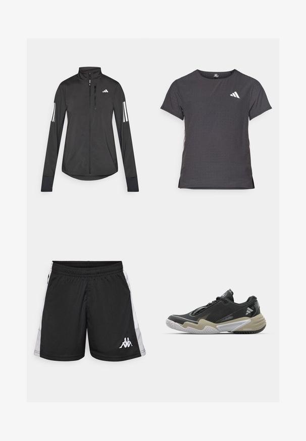Svart treningsjakke laget av lett materiale. Har glidelås foran, høy krage og tre hvite striper på hver erme.; Kortermet treningstrøye, mørkegrå med perforert tekstur. Har en hvit logo og kontrasterende side-striper. Rund halslinje.; Svart trening shorts med hvite sidepaneler, elastisk midje, og hvit logo med to sittende figurer på nedre venstre ben.; Sorte og beige sportssko med teksturert overdel, fremtredende såledesign, refleksdetaljer og snøresystem. Lett konstruksjon.