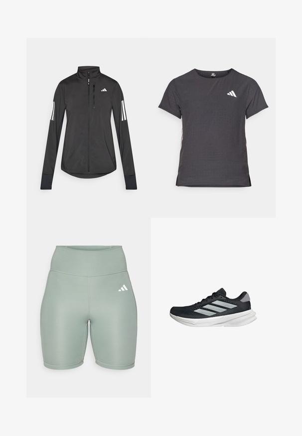 Musta urheilutakki, joka on valmistettu kevyestä materiaalista. Ominaisuuksiin kuuluu etuvetoketju, korkea kaulus ja kolme valkoista raitaa joka hihassa.; Lyhythihainen urheilupaita, tummanharmaa, jossa on reikäkudot. Ominaisuuksina valkoinen logo ja kontrastiväriset sivusuunnat. Pyöreä pääntie.; Vaaleanvihreät urheilushortsit, joissa on korkea vyötärö, valmistettu joustavasta kankaasta, jossa on litteät saumat ja valkoinen logo vasemmalla puolella.; Musta juoksukenkä, jossa on verkko-osa ylhäällä, kolme hopeista raitaa, valkoinen välipohja ja teksturoitu pohja. Varustettu pehmustetulla nilkkaremmeillä ja nauhakiinnityksellä.