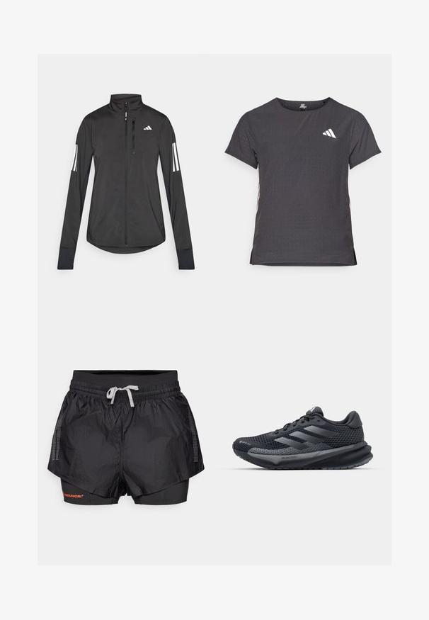 Veste de sport noire en matériau léger. Dotée d'une fermeture éclair sur le devant, d'un col haut et de trois rayures blanches sur chaque manche.; T-shirt de sport à manches courtes, gris foncé avec une texture perforée. Présente un logo blanc et des rayures latérales contrastantes. Encolure arrondie.; Shorts de sport noirs avec une couche extérieure texturée, des panneaux en mesh et une couche intérieure ajustée. Comprend une taille élastique avec un cordon de serrage.; Chaussure de sport noire avec une tige en mesh texturé, des accents réfléchissants, une semelle rembourrée et un design épuré. Présente le logo à trois bandes.