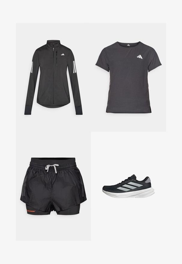 Black athletic jacket made of lightweight material. Features a front zipper, high collar, and three white stripes on each sleeve.; Short-sleeve athletic t-shirt, dark gray with perforated texture. Features a white logo and contrasting side stripes. Rounded neckline.; Black athletic shorts with a textured outer layer, mesh paneling, and an inner fitted layer. Features an elastic waistband with a drawstring.; Black running shoe with mesh upper, three silver stripes, white midsole, and textured outsole. Features padded collar and lace closure.
