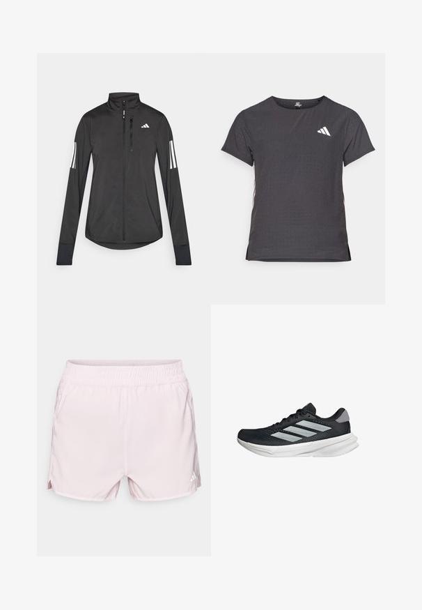 Black athletic jacket made of lightweight material. Features a front zipper, high collar, and three white stripes on each sleeve.; Short-sleeve athletic t-shirt, dark gray with perforated texture. Features a white logo and contrasting side stripes. Rounded neckline.; Pink athletic shorts with an elastic waistband, lightweight fabric, side slits, and a small white logo on the lower right side.; Black running shoe with mesh upper, three silver stripes, white midsole, and textured outsole. Features padded collar and lace closure.
