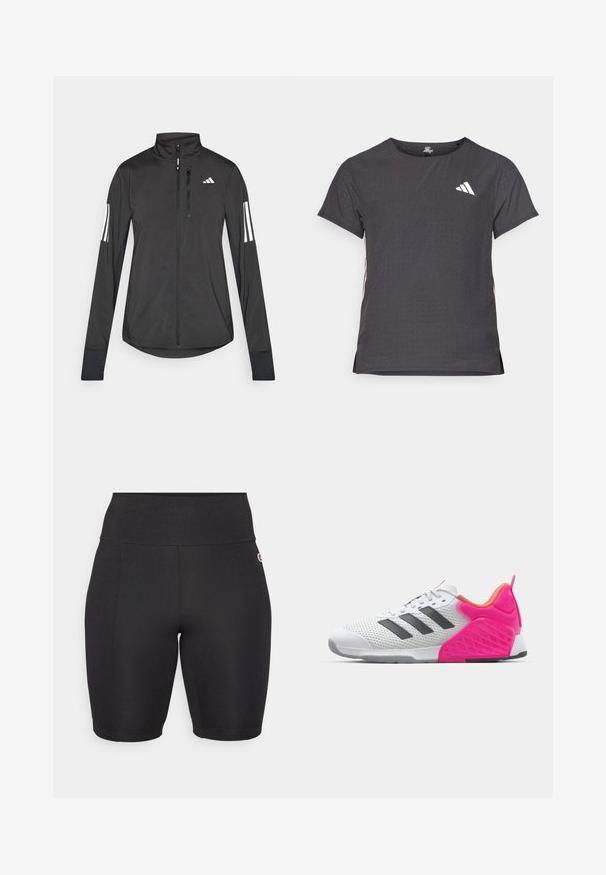Melnā sporta jaka, izgatavota no viegla materiāla. Tajā ir priekšējais rāvējslēdzis, augsta apkakle un trīs baltas svītras katrā piedurknē.; Īsām piedurkņu sporta T-krekls, tumši pelēks ar perforētu tekstūru. Iespējots ar baltu logotipu un kontrastējošām sānu svītrām. Apaļa kakla izgriezums.; Melnas sporta šortos ar augstu jostasvietu, izgatavoti no gludas, elastīgas auduma. Iekļauts neliels logotips sānos un pieguļošs dizains.; Baltas sporta apavu modelis ar pelēkiem svītrām, sieta augšdaļa un rozā papēdis ar akcentiem. Iezīmējas ar teksturētu papēdi un gumijas zoli. Kordeles un mīkstināta apkakle.