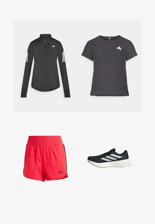 Schwarze Sportjacke aus leichtem Material. Mit einem Frontreißverschluss, hohem Kragen und drei weißen Streifen an jedem Ärmel.; Kurze Ärmel Sport-T-Shirt, dunkelgrau mit durchbrochener Textur. Enthält ein weißes Logo und kontrastierende Seitenstreifen. Runder Ausschnitt.; Rote Sportshorts aus leichtem Material mit einem elastischen Bund, schwarzen seitlichen Akzenten und einem kleinen Logo auf der unteren linken Seite.; Schwarzer Sportschuh mit einer strukturierten oberen Fläche, der drei weiße Streifen an der Seite und eine weiße Zwischensohle hat. Leichtes Design, stromlinienförmige Form.