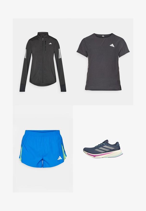 Jaqueta atlética preta feita de material leve. Apresenta um fecho frontal, colarinho alto e três riscas brancas em cada manga.; T-shirt atlético de mangas curtas, cinza escuro com textura perfurada. Apresenta um logo branco e riscas laterais contrastantes. Decote arredondado.; Calções atléticos azuis feitos de um material leve, com detalhes amarelos, uma cintura com cordão e um logótipo branco no canto inferior direito.; Sapatilha de corrida da marinha com parte superior em malha, riscas prateadas, detalhes em verde-menta e sola acolchoada com pormenores em rosa e azul-turquesa para maior conforto.