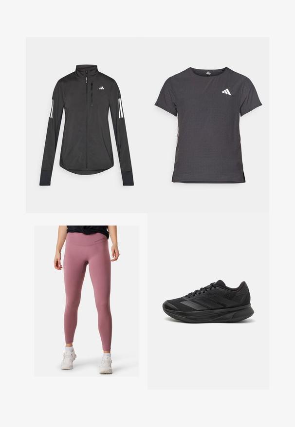 Musta urheilutakki, joka on valmistettu kevyestä materiaalista. Ominaisuuksiin kuuluu etuvetoketju, korkea kaulus ja kolme valkoista raitaa joka hihassa.; Lyhythihainen urheilupaita, tummanharmaa, jossa on reikäkudot. Ominaisuuksina valkoinen logo ja kontrastiväriset sivusuunnat. Pyöreä pääntie.; Vaaleanpunaiset urheilulegginsit korkealla vyötäröllä, sileä pinta ja vähäiset ompelu yksityiskohdat. Yhdistetty valkoisiin lenkkareihin kontrastiksi.; Mustat juoksukengät, joissa on hengittävä verkkoyläosa, pyöreä varvas, sulavalinjainen muotoilu, teksturoidut yksityiskohdat ja pehmustettu pohja mukavuutta varten.