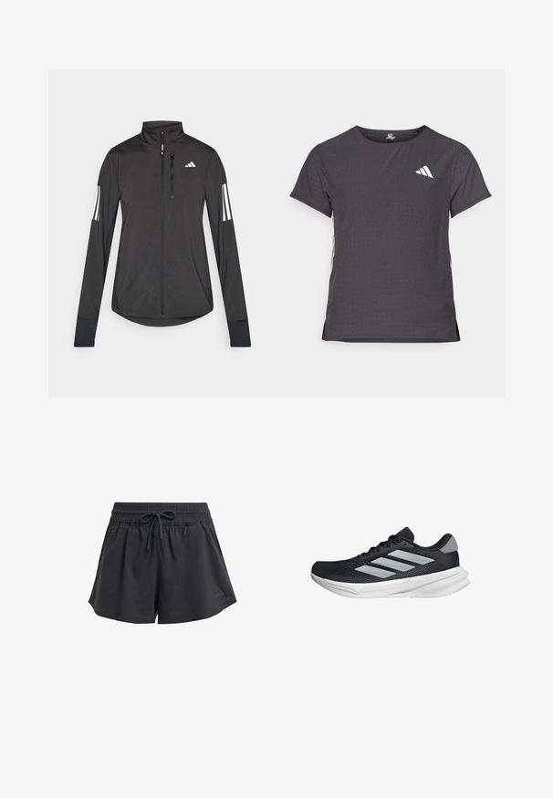 Crni sportski jakna napravljena od laganog materijala. Ima prednji zatvarač, visoki ovratnik i tri bijele pruge na svakoj rukavu.; Majica kratkih rukava za sport, tamno siva s perforiranim uzorkom. Ima bijeli logo i kontrastne bočne pruge. Zaobljeni izrez.; Crne atletske kratke hlače s elastičnim pojasom, unutarnjom vezicom i bočnim prorezima. Izrađene su od glatkog, laganog materijala.; Crne trkačke tenisice s mrežastim gornjim dijelom, tri srebrne pruge, bijeli srednji sloj i teksturirani potplat. Sadrži podstavljeni ovratnik i zatvaranje s vezicama.
