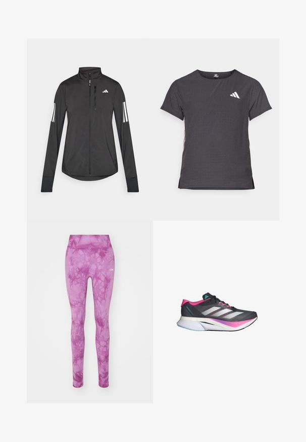 Black athletic jacket made of lightweight material. Features a front zipper, high collar, and three white stripes on each sleeve.; Short-sleeve athletic t-shirt, dark gray with perforated texture. Features a white logo and contrasting side stripes. Rounded neckline.; Pink leggings with a marbled pattern, featuring a stretchy waistband and a smooth texture. The brand logo is displayed in white on the side.; Running shoe with a gray mesh upper, pink accents, and white stripes. Features a cushioned sole and a sleek, aerodynamic design.