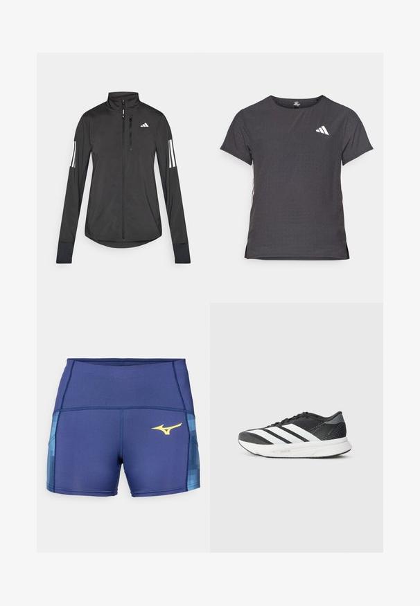 Zwarte sportjack gemaakt van lichtgewicht materiaal. Voorzien van een ritssluiting aan de voorkant, hoge kraag en drie witte strepen op elke mouw.; Korte mouwen sport t-shirt, donkergrijs met geperforeerde textuur. Bevat een wit logo en contrasterende zijstrepen. Ronde halslijn.; Marineblauwe sportshorts met een gestructureerde blauwe accent aan de zijkanten, voorzien van een gele logo. Gemaakt van rekbare, vochtregulerende stof.; Zwarte sport schoen met witte strepen, bovenwerk van mesh, gevoerde zool en een gestroomlijnd ontwerp. Accenten van grijs op de hak en tong.