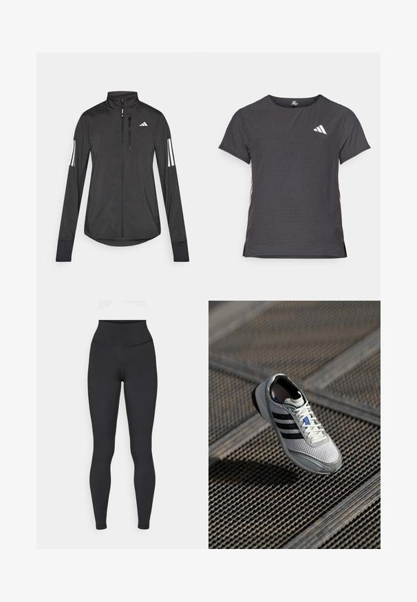 Černá atletická bunda vyrobená z lehkého materiálu. Má přední zip, vysoký límec a tři bílé pruhy na každém rukávu.; Kraťasový sportovní tričko, tmavě šedé barvy s perforovanou texturou. Obsahuje bílé logo a kontrastní boční pruhy. Kulatý výstřih.; Černé legíny s vysokým pasem vyrobené z pružné látky, s hladkým povrchem a těsným střihem, bez viditelných log nebo vzorů.; Lehká běžecká obuv s bílým síťovaným svrškem, třemi černými pruhy, šedými akcenty a texturovanou podrážkou pro lepší grip.