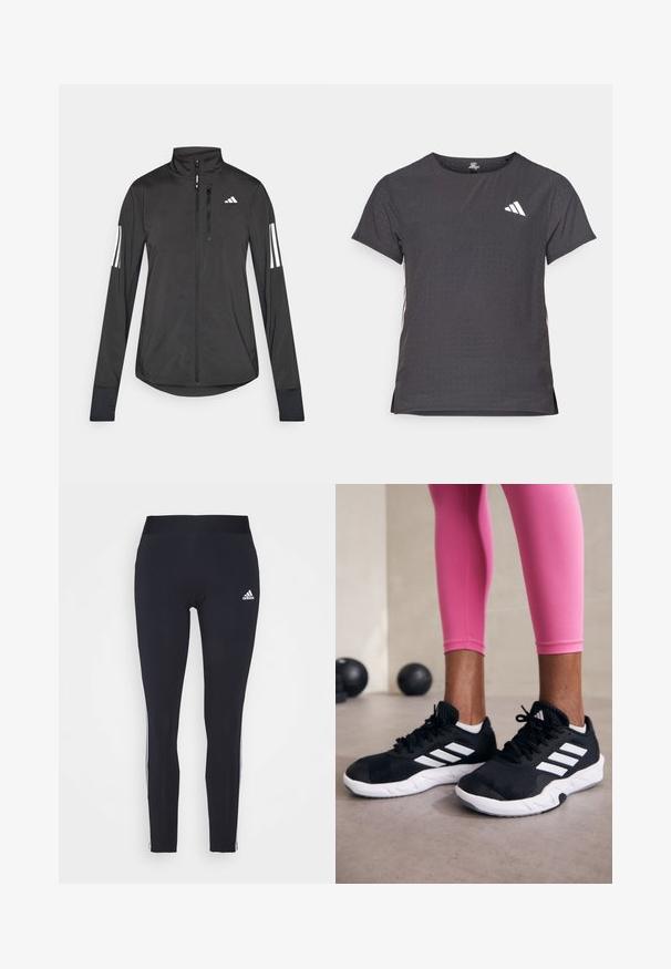 Black athletic jacket made of lightweight material. Features a front zipper, high collar, and three white stripes on each sleeve.; Short-sleeve athletic t-shirt, dark gray with perforated texture. Features a white logo and contrasting side stripes. Rounded neckline.; Navy leggings made of stretchy fabric, featuring a wide waistband and white side stripes with an Adidas logo on the upper left side.; Black athletic shoes with white stripes, textured mesh upper, and a white sole. Worn with pink leggings, showcasing training apparel.