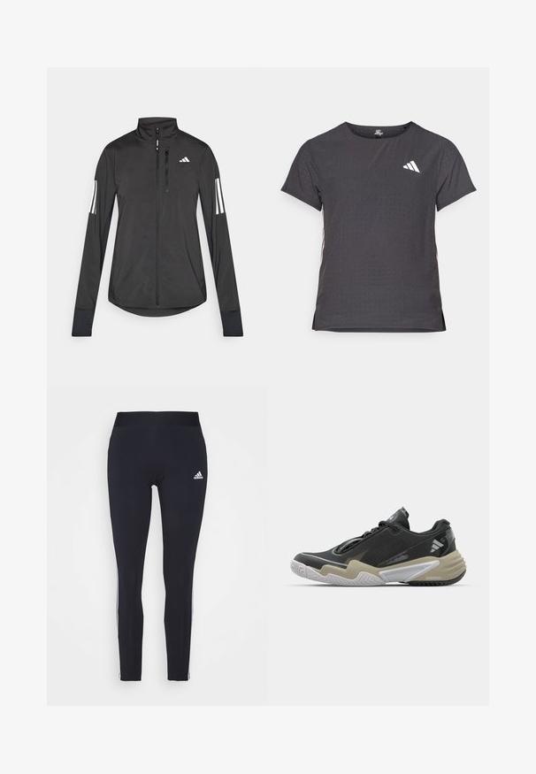 Jaqueta atlética preta feita de material leve. Apresenta um fecho frontal, colarinho alto e três riscas brancas em cada manga.; T-shirt atlético de mangas curtas, cinza escuro com textura perfurada. Apresenta um logo branco e riscas laterais contrastantes. Decote arredondado.; Leggings azul-marinho feitos de tecido elástico, com uma faixa larga na cintura e riscas brancas dos lados, apresentando o logótipo da Adidas no lado superior esquerdo.; Sapatilha desportiva preta e bege com parte superior texturizada, design de sola proeminente, acabamentos refletivos e sistema de atacadores. Construção leve.