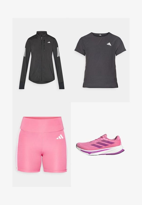 Fekete sportos dzseki könnyű anyagból. Elöl cipzárral, magas gallérral és minden ujjon három fehér csíkkal rendelkezik.; Rövid ujjú sport póló, sötétszürke perforált textúrával. Fehér logóval és kontrasztos oldalsávokkal rendelkezik. Kerek nyakkal.; Rózsaszín sportnadrág, rugalmas anyagból készült. Fehér oldalsávokkal és fehér logóval a elülső részen. Magas derekú kivitel.; Rózsaszín sportcipők hálós felsőrésszel, lila akcentussal, háromcsíkos logóval, párnázott fehér középtalppal és fekete gumitalppal.