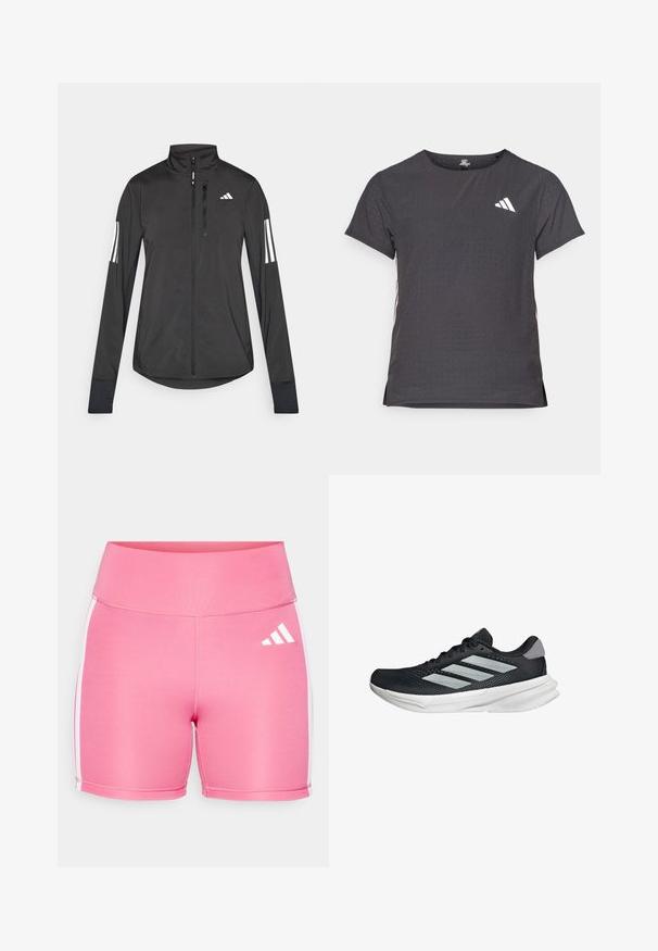 Sort atletisk jakke lavet af let materiale. Har en frontlynlås, høj krave og tre hvide striber på hver ærme.; Kortærmet atletisk t-shirt, mørkegrå med perforeret tekstur. Har et hvidt logo og kontrastfarvede sidelister. Rundet halsudskæring.; Lyserøde atletiske shorts lavet af strækbart materiale. Har hvide sidelister og et hvidt logo foran. Høj talje design.; Sort løbesko med mesh-overdel, tre sølvstriber, hvid mellemsål og struktureret ydersål. Har polstret krave og snørelukning.