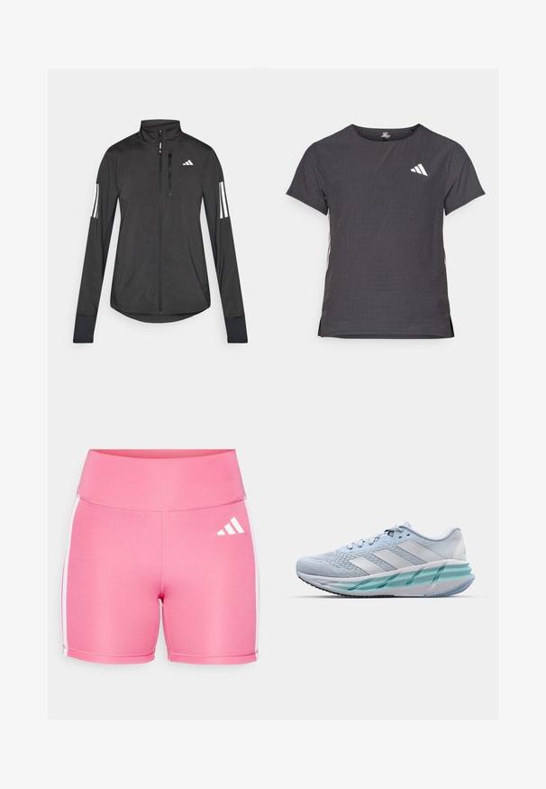 Zwarte sportjack gemaakt van lichtgewicht materiaal. Voorzien van een ritssluiting aan de voorkant, hoge kraag en drie witte strepen op elke mouw.; Korte mouwen sport t-shirt, donkergrijs met geperforeerde textuur. Bevat een wit logo en contrasterende zijstrepen. Ronde halslijn.; Roze sportshorts gemaakt van rekbaar materiaal. Bevat witte zijkanten en een wit logo aan de voorkant. Ontwerp met hoge taille.; Lichtblauwe sportschoenen met een gestructureerde breitbovenkant, witte accenten en een doorzichtige groene tussenzool. Ronde neus en gevoerde kraag.