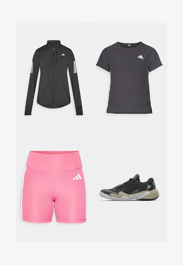 Jaqueta atlética preta feita de material leve. Apresenta um fecho frontal, colarinho alto e três riscas brancas em cada manga.; T-shirt atlético de mangas curtas, cinza escuro com textura perfurada. Apresenta um logo branco e riscas laterais contrastantes. Decote arredondado.; Calções de desporto cor-de-rosa feitos de material elástico. Apresentam riscas brancas nas laterais e um logotipo branco na frente. Design com cintura alta.; Sapatilha desportiva preta e bege com parte superior texturizada, design de sola proeminente, acabamentos refletivos e sistema de atacadores. Construção leve.