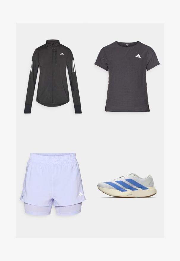 Svart treningsjakke laget av lett materiale. Har glidelås foran, høy krage og tre hvite striper på hver erme.; Kortermet treningstrøye, mørkegrå med perforert tekstur. Har en hvit logo og kontrasterende side-striper. Rund halslinje.; Lyse lilla treningsshorts med elastisk midje, lagdelt design og integrerte innershortser; har hvit logo som aksent.; Hvit atletisk sko med blå striper, strukturert overdel, flat såle og "LIGHTSTRIKE PRO" merkevare på siden. Lavprofil design.