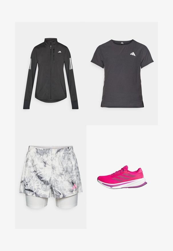 Zwarte sportjack gemaakt van lichtgewicht materiaal. Voorzien van een ritssluiting aan de voorkant, hoge kraag en drie witte strepen op elke mouw.; Korte mouwen sport t-shirt, donkergrijs met geperforeerde textuur. Bevat een wit logo en contrasterende zijstrepen. Ronde halslijn.; Korte broek met een grijs-wit abstract patroon, voorzien van een elastische tailleband, binnenvoering en een roze logo-accent aan de zijkant.; Roze hardloopschoenen met een bovenwerk van mesh, een witte tussenzool en paarse accenten. Drie grijze strepen aan de zijkant en een gebogen zoolontwerp.