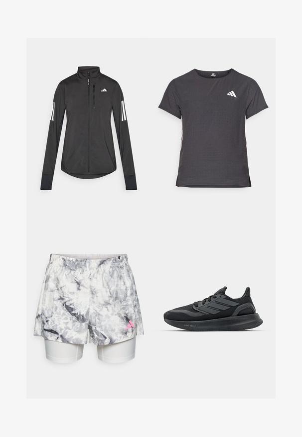 Crni sportski jakna napravljena od laganog materijala. Ima prednji zatvarač, visoki ovratnik i tri bijele pruge na svakoj rukavu.; Majica kratkih rukava za sport, tamno siva s perforiranim uzorkom. Ima bijeli logo i kontrastne bočne pruge. Zaobljeni izrez.; Šortsi sivo-bijelog apstraktnog uzorka, s elastičnom trakom za struk, unutarnjom podstavom i ružičastim logotipom sa strane.; Crne atletske cipele s mrežastim gornjim dijelom, teksturiranim panelima, detaljem od tri pruge i zakrivljenim potplatom označenim "LIGHT BOOST."