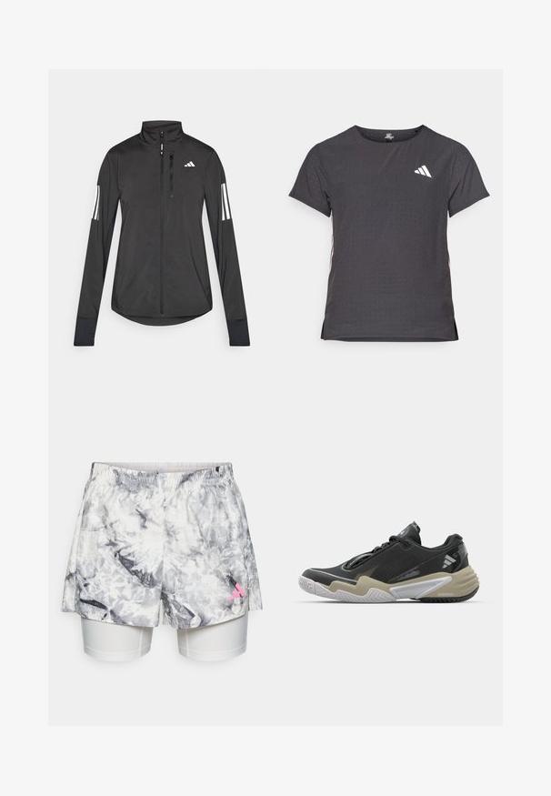 Crni sportski jakna napravljena od laganog materijala. Ima prednji zatvarač, visoki ovratnik i tri bijele pruge na svakoj rukavu.; Majica kratkih rukava za sport, tamno siva s perforiranim uzorkom. Ima bijeli logo i kontrastne bočne pruge. Zaobljeni izrez.; Šortsi sivo-bijelog apstraktnog uzorka, s elastičnom trakom za struk, unutarnjom podstavom i ružičastim logotipom sa strane.; Crne i bež atletske tenisice s teksturiranim gornjim dijelom, istaknutim dizajnom potplata, reflektirajućim detaljima i sustavom vezivanja. Lagana konstrukcija.