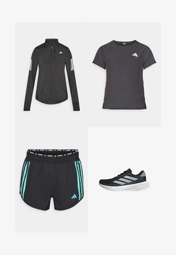 Black athletic jacket made of lightweight material. Features a front zipper, high collar, and three white stripes on each sleeve.; Short-sleeve athletic t-shirt, dark gray with perforated texture. Features a white logo and contrasting side stripes. Rounded neckline.; Black running shorts featuring turquoise vertical stripes and a branded elastic waistband with the word "RUNNING" printed in white.; Black running shoe with mesh upper, three silver stripes, white midsole, and textured outsole. Features padded collar and lace closure.