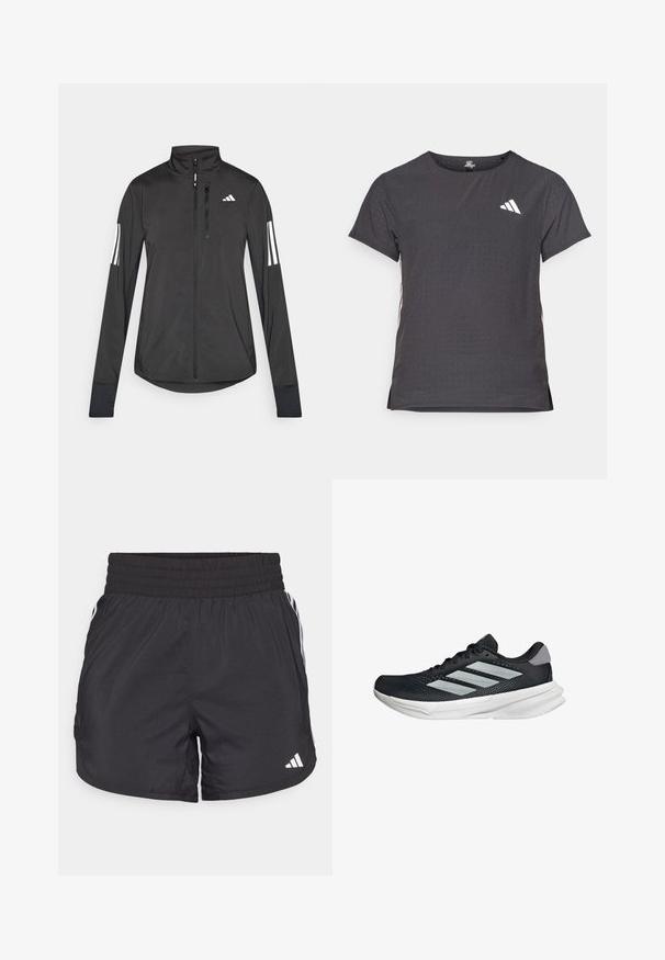 Black athletic jacket made of lightweight material. Features a front zipper, high collar, and three white stripes on each sleeve.; Short-sleeve athletic t-shirt, dark gray with perforated texture. Features a white logo and contrasting side stripes. Rounded neckline.; Black athletic shorts with an elastic waistband, side pockets, and white stripe accents on the sides. Made of lightweight material.; Black running shoe with mesh upper, three silver stripes, white midsole, and textured outsole. Features padded collar and lace closure.