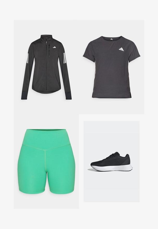 Veste de sport noire en matériau léger. Dotée d'une fermeture éclair sur le devant, d'un col haut et de trois rayures blanches sur chaque manche.; T-shirt de sport à manches courtes, gris foncé avec une texture perforée. Présente un logo blanc et des rayures latérales contrastantes. Encolure arrondie.; Shorts de sport verts en matériau extensible, dotés d'une taille haute, d'une texture lisse et de détails de couture contrastée.; Chaussures de sport noires avec une tige en mesh respirant, une semelle intermédiaire blanche et un design élégant et incurvé ; dotées de lacets et d'une semelle en caoutchouc robuste.