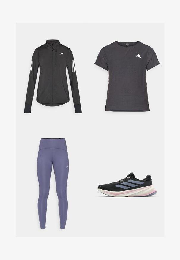 Must mustriga mustrin, millel on esiküljel lukuga, kõrge krae ja igal varrukal kolm valget triipu.; Lühikese varrukaga sportlik T-särk, tumehall, perforatsiooni tekstuuriga. Omab valget logo ja kontrastset külgtriipu. Ümar kaelus.; Lilla kõrge talje legginsid, mis on valmistatud venivast materjalist; sisaldavad küljetaskut ja väikest logot alumisel säärel. Ühtlane sile tekstuur.; Musts jooksujalanõud, millel on võrgusilmast ülemine osa, heledad lillad aktsendid ja kolm horisontaalset halli triipu. Omab mugavat polsterdatud tallat.