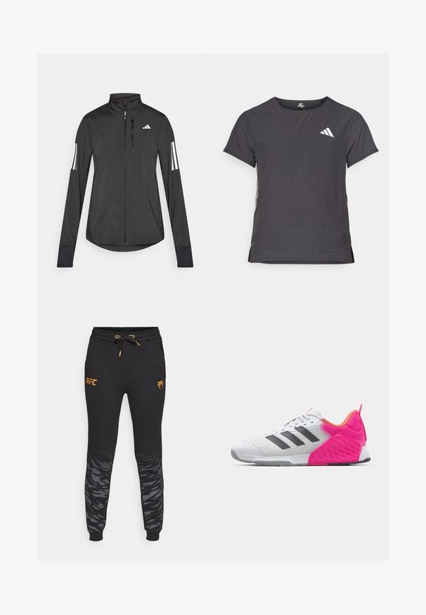 Čierna športová bunda vyrobená z ľahkého materiálu. Má zips vpredu, vysoký golier a tri biele pruhy na každom rukáve.; Tričko s krátkym rukávom pre šport, tmavosivé s perforovanou textúrou. Obsahuje biele logo a kontrastné bočné pruhy. Okrúhly výstrih.; Čierne tepláky so zúženým strihom, s elastickým pásom, šnúrkou, zlatým logom UFC a šedým abstraktným vzorom na spodnej časti nohavíc.; Biele športové topánky so sivými pruhmi, sieťovinovým zvrškom a ružovou pätou a akcentmi. Obsahujú textúrovanú pätu a gumovú podrážku. Šnúrky a vypolstrovaný golier.