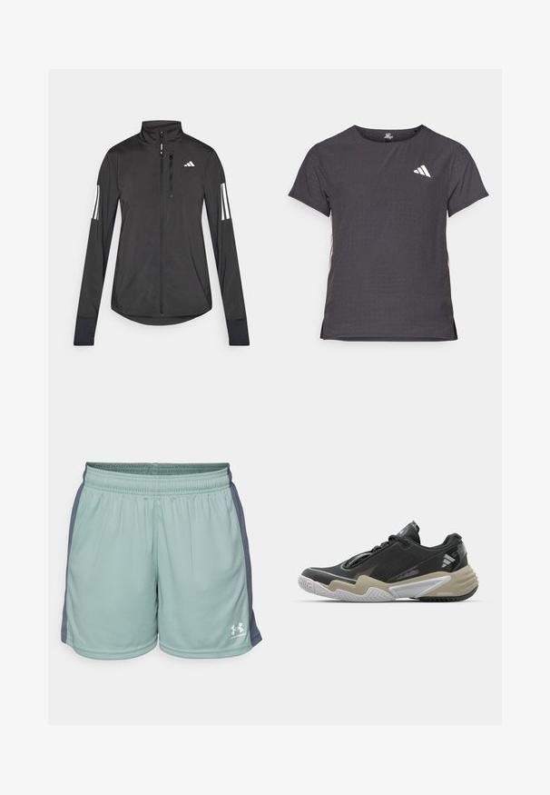 Juodas sportinis švarkas, pagamintas iš lengvos medžiagos. Yra priekinis užtrauktukas, aukšta apykaklė ir trys baltos juostos kiekviename rankovėje.; Trumpas rankovėmis sportinis marškinėlis, tamsiai pilkas, su perforuota tekstūra. Yra baltas logotipas ir kontrastingos šoninės juostos. Iškirptė suapvalinta.; Šviesiai žali sportiniai šortai su lygia tekstūra, elastinga juosta ir pilkomis šoninėmis dalimis. Ant šortų yra baltas Under Armour logotipas.; Juoda ir béžo spalvų sportinė avalynė su tekstūruota viršutine dalimi, išskirtiniu pado dizainu, atspindinčiomis detalėmis ir raištelių sistema. Lengva konstrukcija.