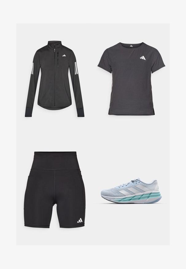 Schwarze Sportjacke aus leichtem Material. Mit einem Frontreißverschluss, hohem Kragen und drei weißen Streifen an jedem Ärmel.; Kurze Ärmel Sport-T-Shirt, dunkelgrau mit durchbrochener Textur. Enthält ein weißes Logo und kontrastierende Seitenstreifen. Runder Ausschnitt.; Schwarze Sportshorts aus dehnbarem Material. Hoher Bund, Oberschenkel-lange, mit weißem drei Streifen-Logo auf der unteren linken Seite.; Helle blaue Sportschuhe mit einem strukturierten Strickobermaterial, weißen Akzenten und einer transparenten grünen Zwischensohle. Abgerundete Zehenpartie und gepolsterter Schaft.