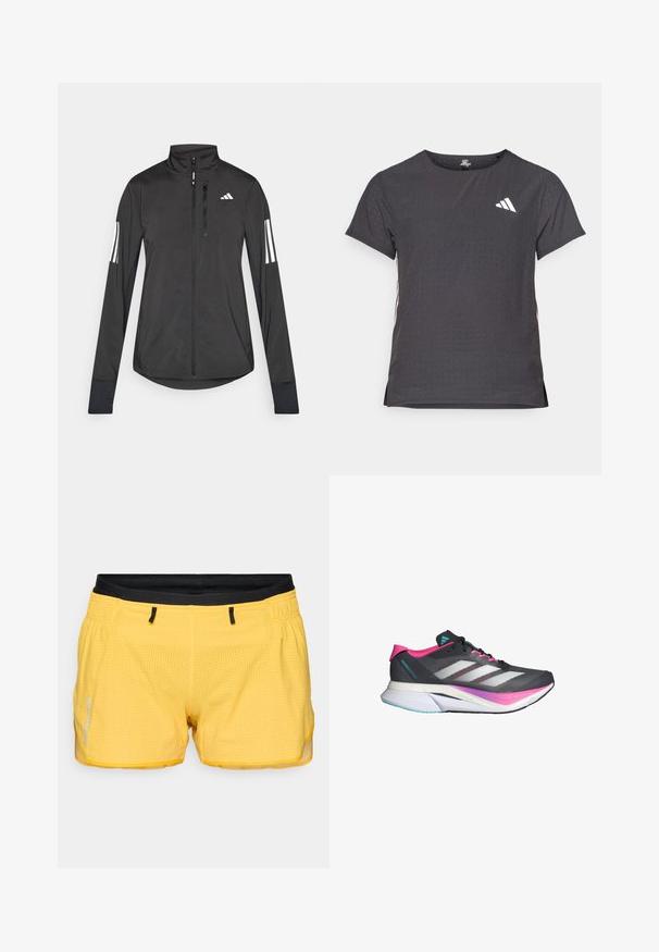 Chaqueta deportiva negra hecha de material ligero. Cuenta con una cremallera frontal, un cuello alto y tres franjas blancas en cada manga.; Camiseta atlética de manga corta, gris oscuro con textura perforada. Presenta un logo blanco y rayas laterales en contraste. Escote redondeado.; Pantalones cortos deportivos amarillos con una tela de malla texturizada, cinturilla elástica negra y detalles reflectantes. Cuenta con dos bolsillos laterales.; Zapatilla de correr con parte superior de malla gris, acentos en rosa y rayas blancas. Cuenta con una suela acolchada y un diseño elegante y aerodinámico.