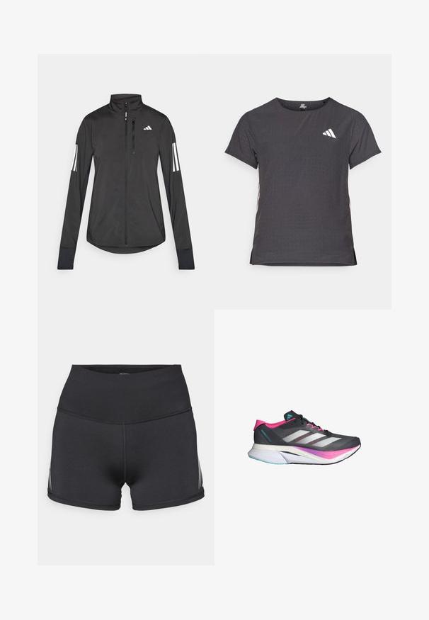 Fekete sportos dzseki könnyű anyagból. Elöl cipzárral, magas gallérral és minden ujjon három fehér csíkkal rendelkezik.; Rövid ujjú sport póló, sötétszürke perforált textúrával. Fehér logóval és kontrasztos oldalsávokkal rendelkezik. Kerek nyakkal.; adidas Performance ADIZERO - Rövid futóharisnya - black; Futócipő szürke hálós felső résszel, rózsaszín díszítéssel és fehér csíkokkal. Puha talppal és karcsú, aerodinamikus dizájnnal rendelkezik.