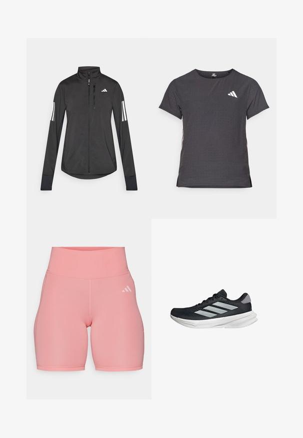 Czarna sportowa kurtka wykonana z lekkiego materiału. Posiada zamek błyskawiczny z przodu, wysoki kołnierz oraz trzy białe paski na każdym rękawie.; Koszulka sportowa z krótkim rękawem, ciemnoszara z perforowaną teksturą. Posiada białe logo oraz kontrastowe paski po bokach. Okrągły dekolt.; adidas Performance - Rajstopy; Czarny but biegowy z siateczkowym wierzchem, trzema srebrnymi paskami, białą podeszwą środkową i teksturowaną podeszwą zewnętrzną. Posiada wyściełany kołnierz i zapięcie na sznurówki.
