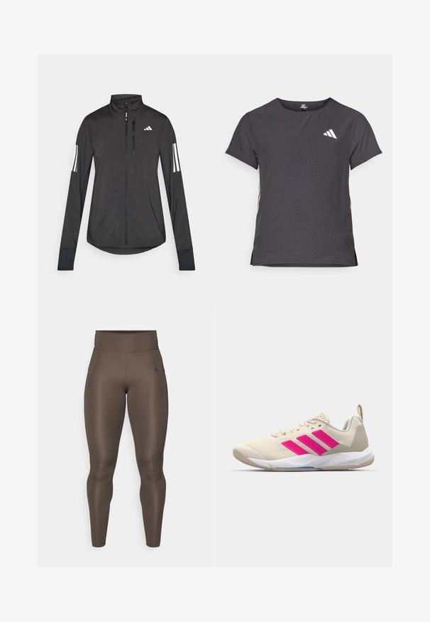 Zwarte sportjack gemaakt van lichtgewicht materiaal. Voorzien van een ritssluiting aan de voorkant, hoge kraag en drie witte strepen op elke mouw.; Korte mouwen sport t-shirt, donkergrijs met geperforeerde textuur. Bevat een wit logo en contrasterende zijstrepen. Ronde halslijn.; Bruine sportleggings met een hoge taille, een gladde textuur, een zijzak en een subtiele logodetail. Vormgevende pasvorm voor comfort en beweging.; Beige sportshoe met een roze drie-strepen logo, een textuur-mesh bovenkant, een gevoerde kraag en een witte rubberen zool, met "LIGHTSTRIKE" branding.