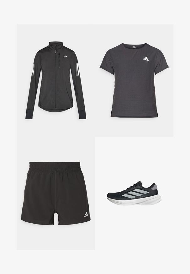 Chaqueta deportiva negra hecha de material ligero. Cuenta con una cremallera frontal, un cuello alto y tres franjas blancas en cada manga.; Camiseta atlética de manga corta, gris oscuro con textura perforada. Presenta un logo blanco y rayas laterales en contraste. Escote redondeado.; Pantalones cortos deportivos negros de tejido ligero. Cuentan con una cinturilla elástica, un bolsillo lateral con cremallera y un logotipo reflectante en el dobladillo.; Zapatilla de correr negra con parte superior de malla, tres franjas plateadas, media suela blanca y suela texturizada. Incluye un cuello acolchado y cierre de cordones.